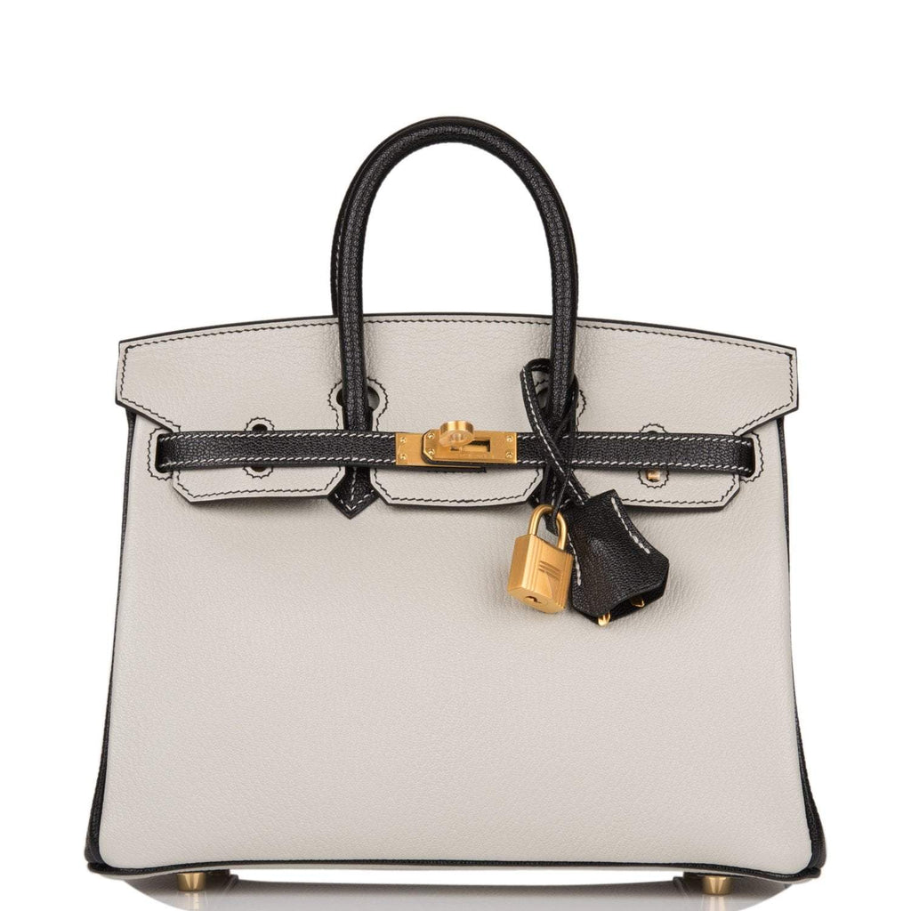Birkin 25 Gris Perle and Black Chèvre Brushed Gold Hardware - Exclusu