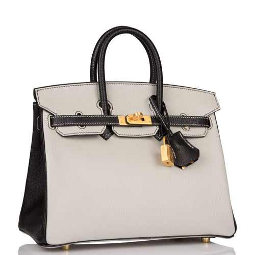 Birkin 25 Gris Perle and Black Chèvre Brushed Gold Hardware - Exclusu