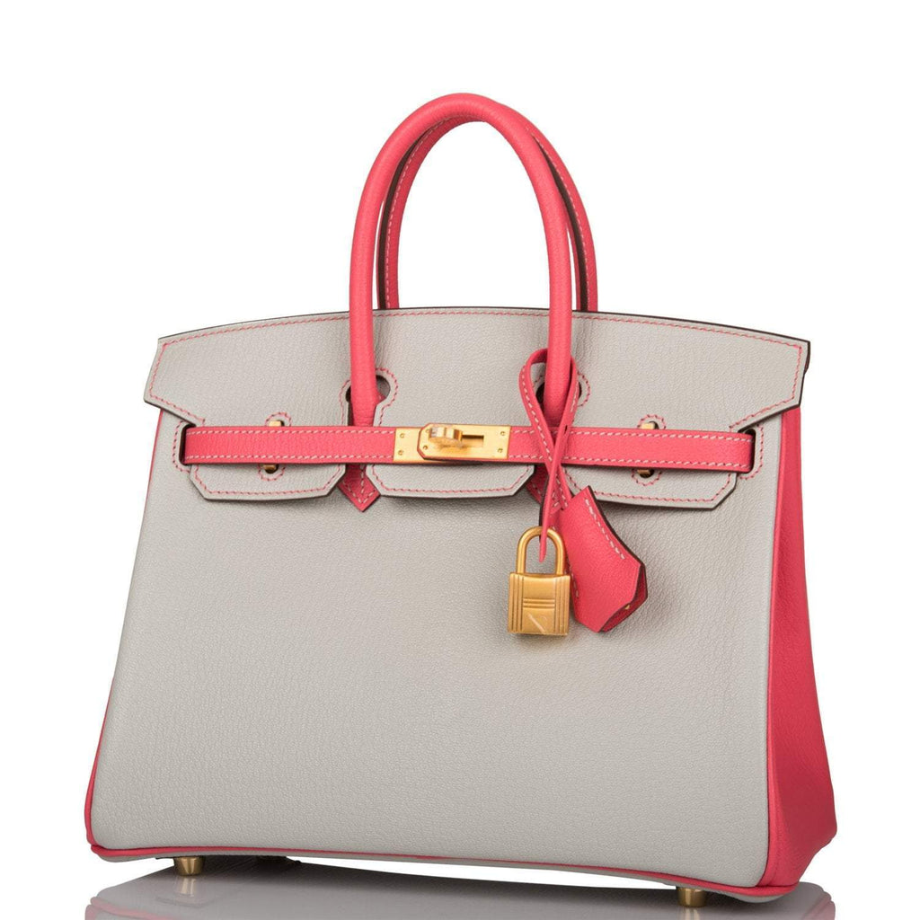 Hermes Birkin 25 Gris Perle Rose Azalee Chèvre with Brushed Gold Hardware - Exclusu
