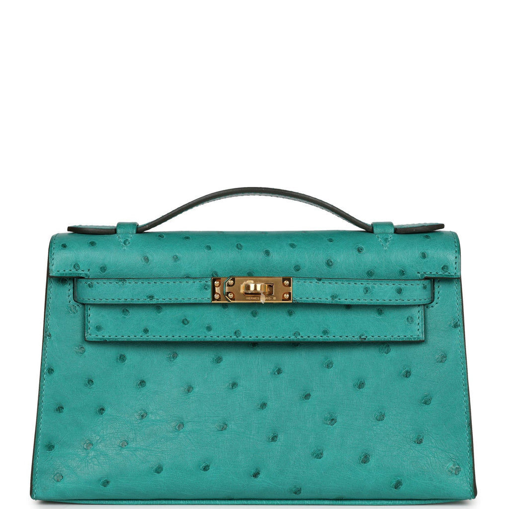 Hermes Kelly Pochette Vert Verone Ostrich Gold Hardware - Exclusu