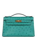 Hermes Kelly Pochette Vert Verone Ostrich Gold Hardware - Exclusu