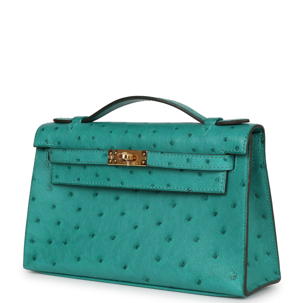 Hermes Kelly Pochette Vert Verone Ostrich Gold Hardware - Exclusu