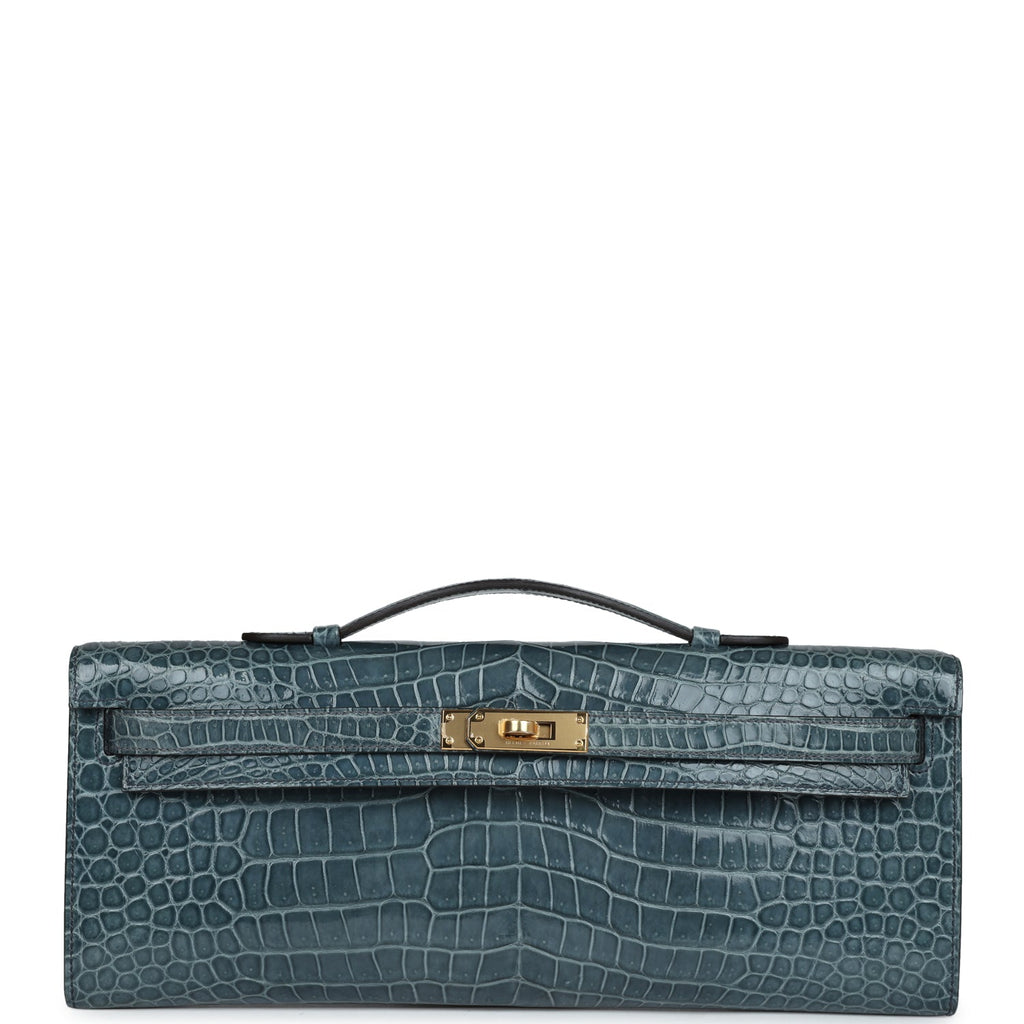Hermes Kelly Cut Bleu Jean Shiny Porosus Crocodile Gold Hardware - Exclusu