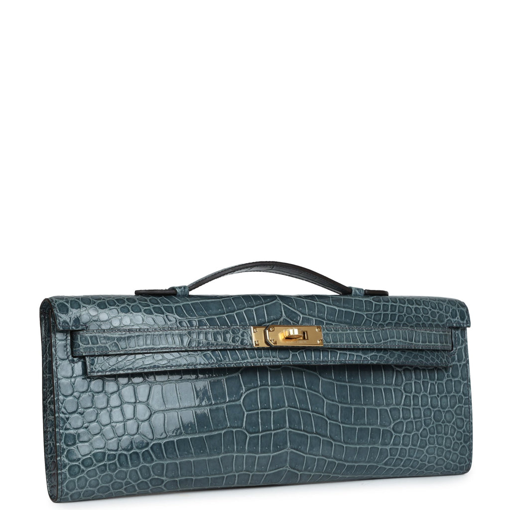 Hermes Kelly Cut Bleu Jean Shiny Porosus Crocodile Gold Hardware - Exclusu
