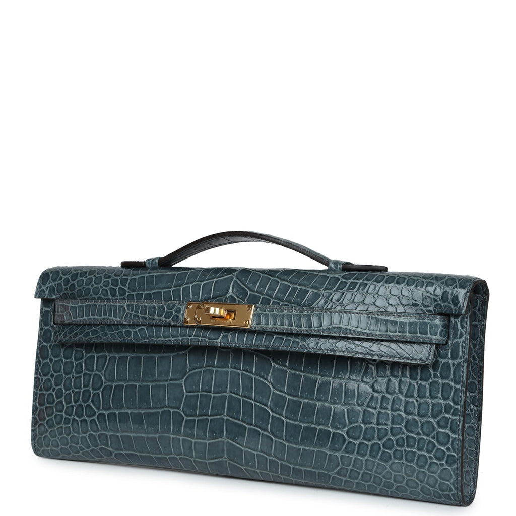 Hermes Kelly Cut Bleu Jean Shiny Porosus Crocodile Gold Hardware - Exclusu