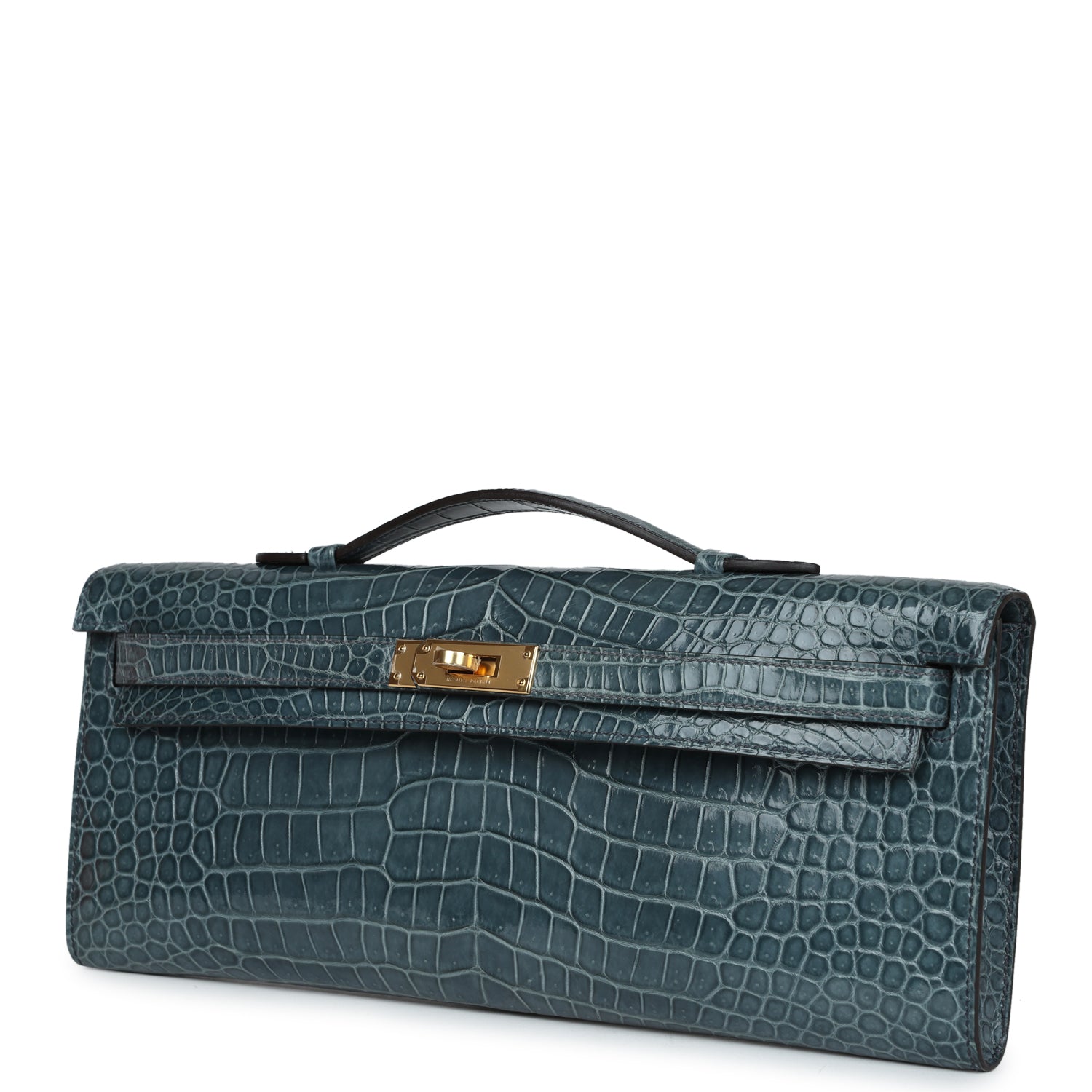Hermes Kelly Cut Bleu Jean Shiny Porosus Crocodile Gold Hardware - Exclusu
