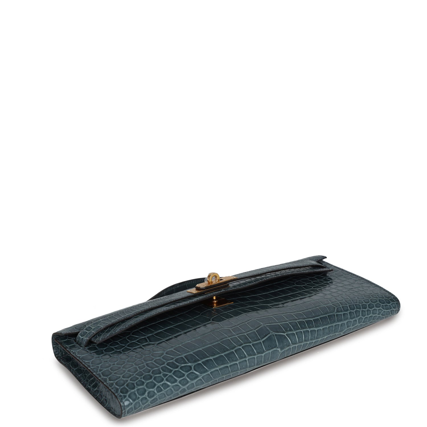 Hermes Kelly Cut Bleu Jean Shiny Porosus Crocodile Gold Hardware - Exclusu