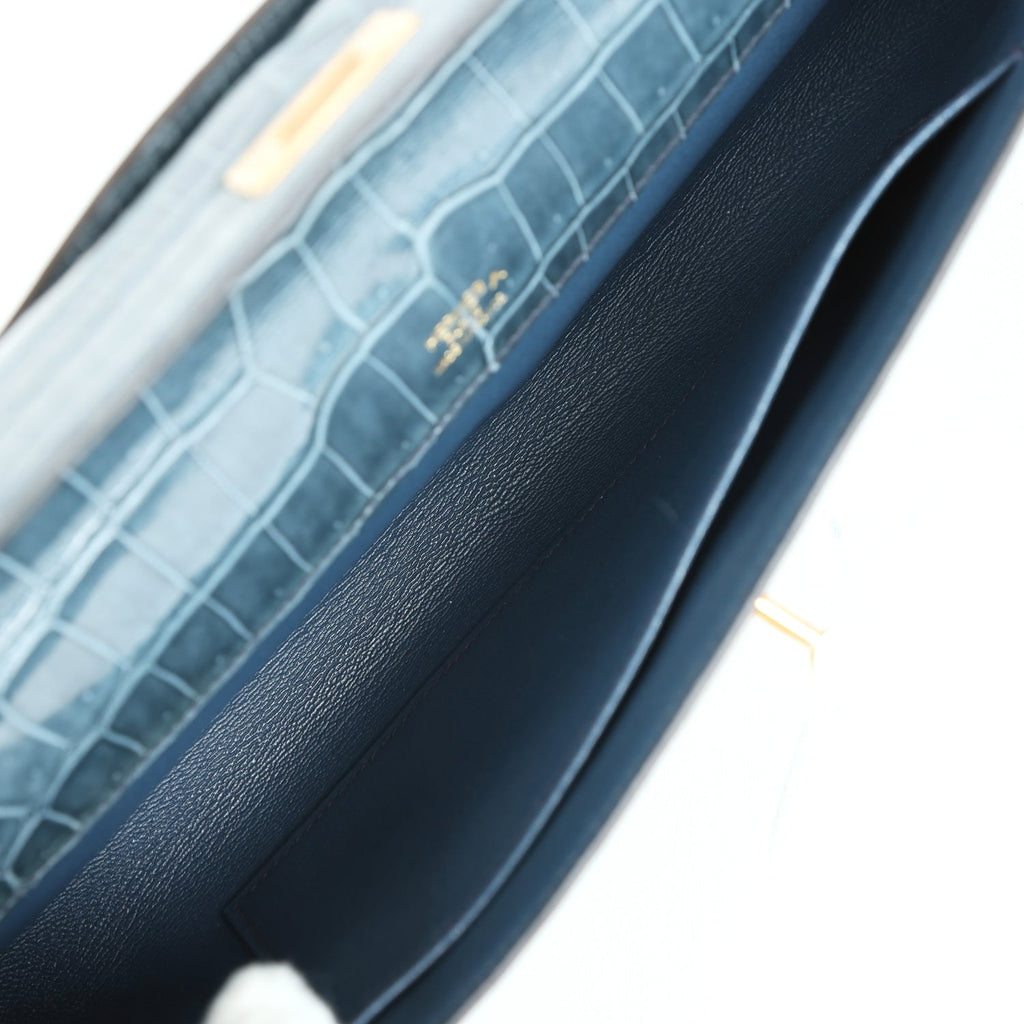 Hermes Kelly Cut Bleu Jean Shiny Porosus Crocodile Gold Hardware - Exclusu