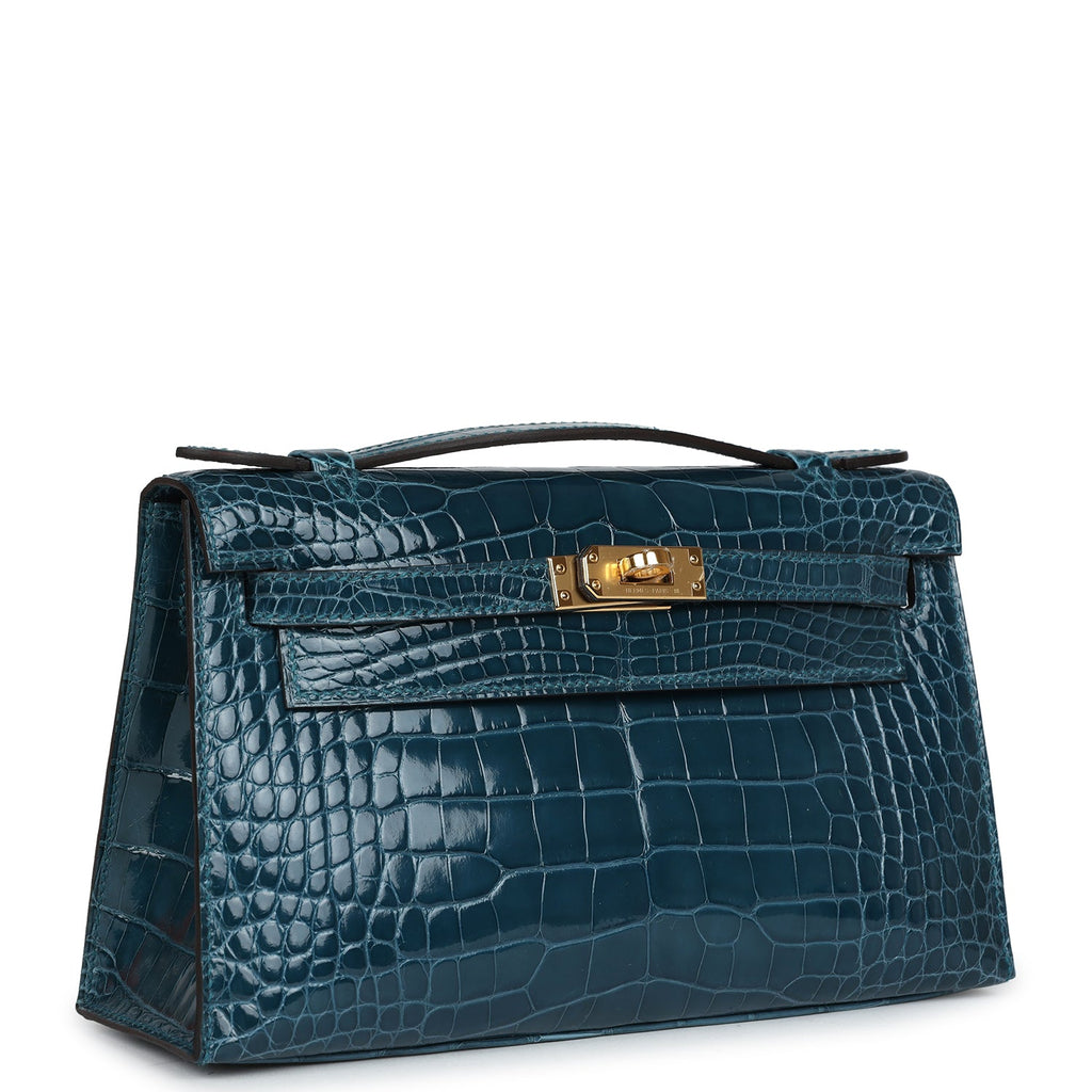 Hermes Kelly Pochette Vert Bosphore Shiny Alligator Gold Hardware - Exclusu