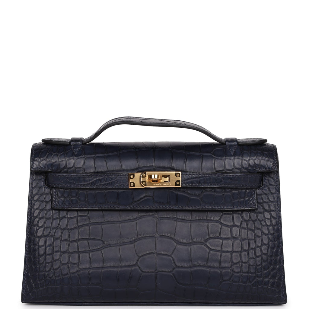 Hermes Kelly Pochette Bleu Indigo Matte Alligator Gold Hardware - Exclusu