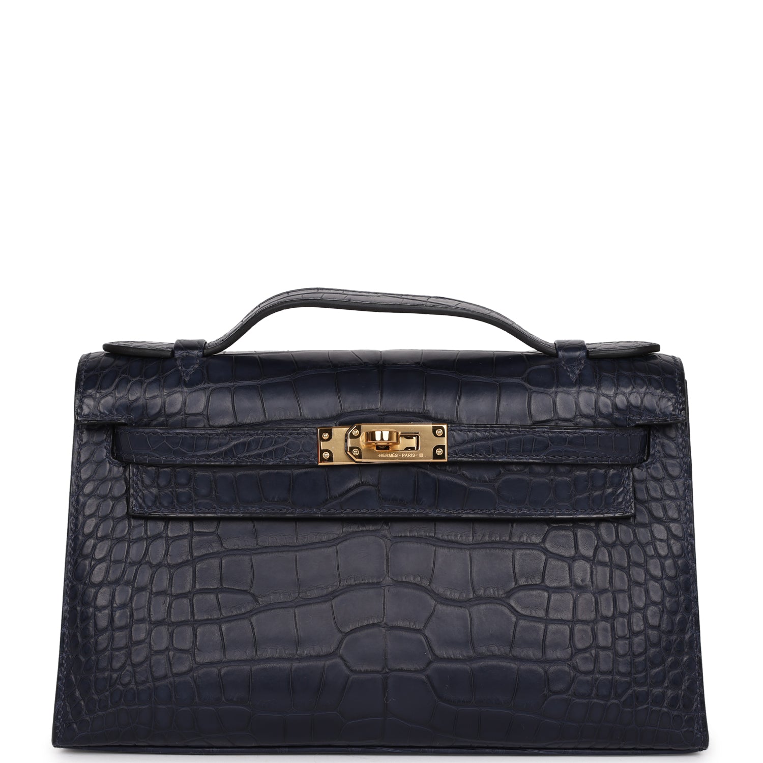 Hermes Kelly Pochette Bleu Indigo Matte Alligator Gold Hardware - Exclusu