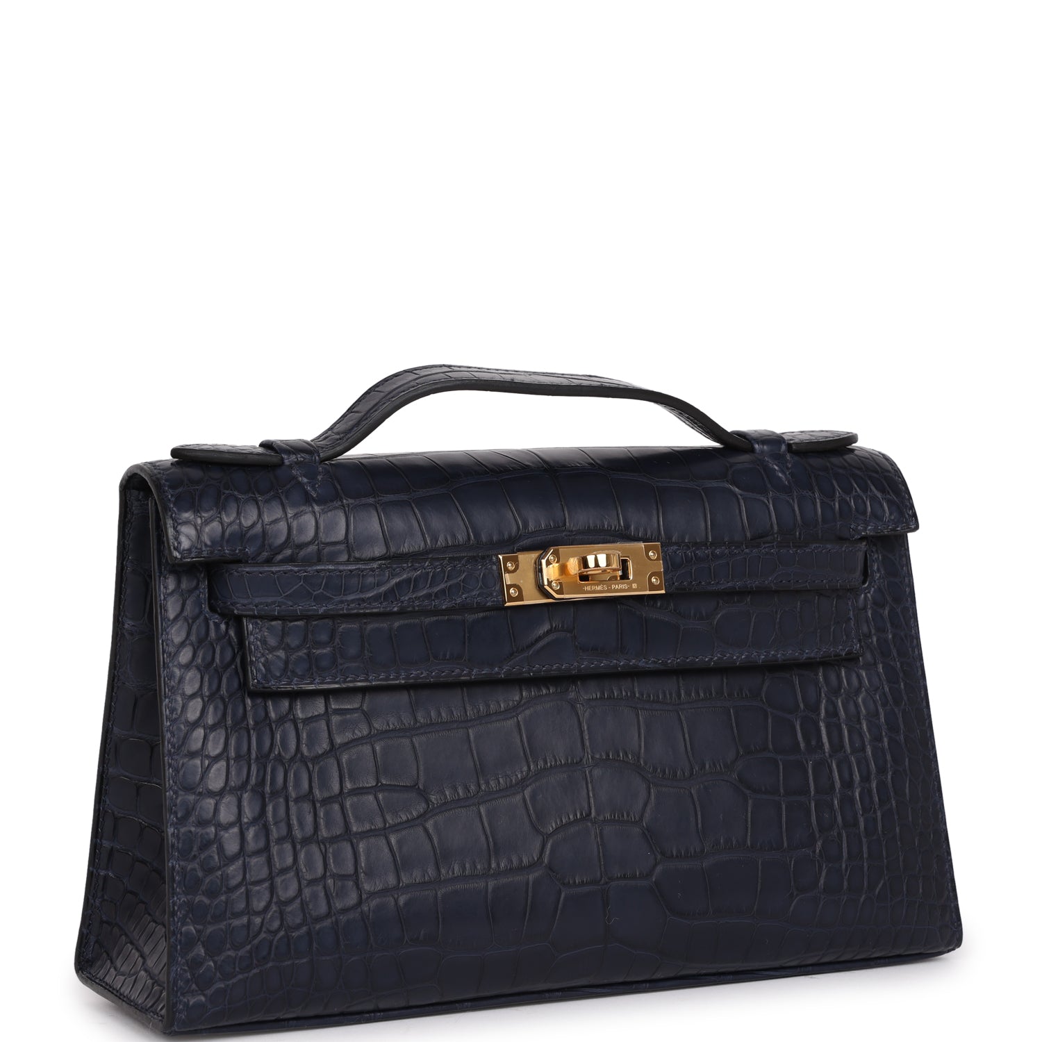 Hermes Kelly Pochette Bleu Indigo Matte Alligator Gold Hardware - Exclusu