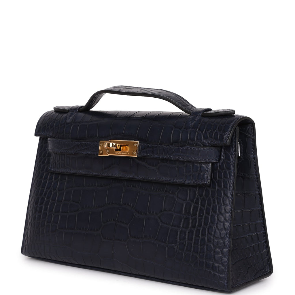 Hermes Kelly Pochette Bleu Indigo Matte Alligator Gold Hardware - Exclusu