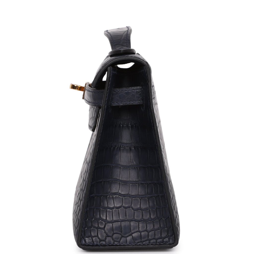 Hermes Kelly Pochette Bleu Indigo Matte Alligator Gold Hardware - Exclusu