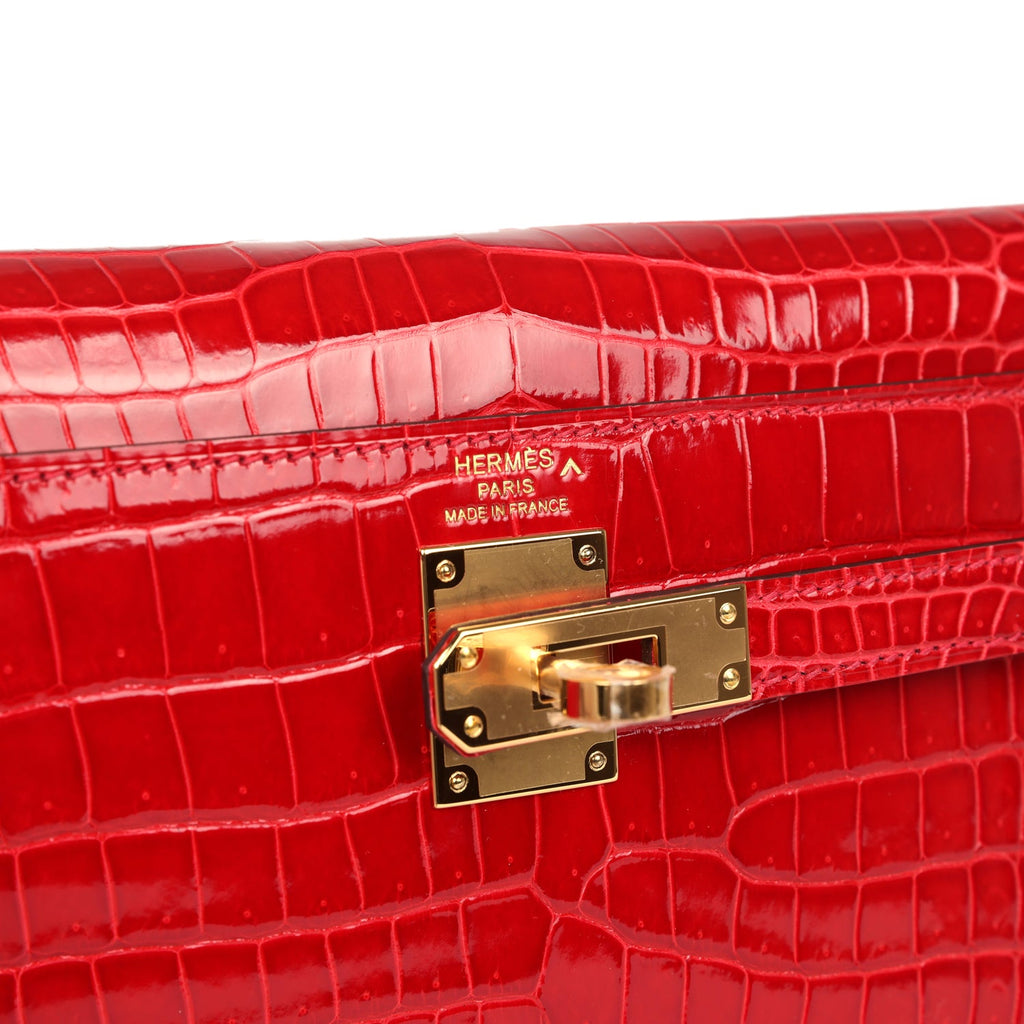 Hermes Kelly Elan Braise Shiny Porosus Crocodile Gold Hardware - Exclusu