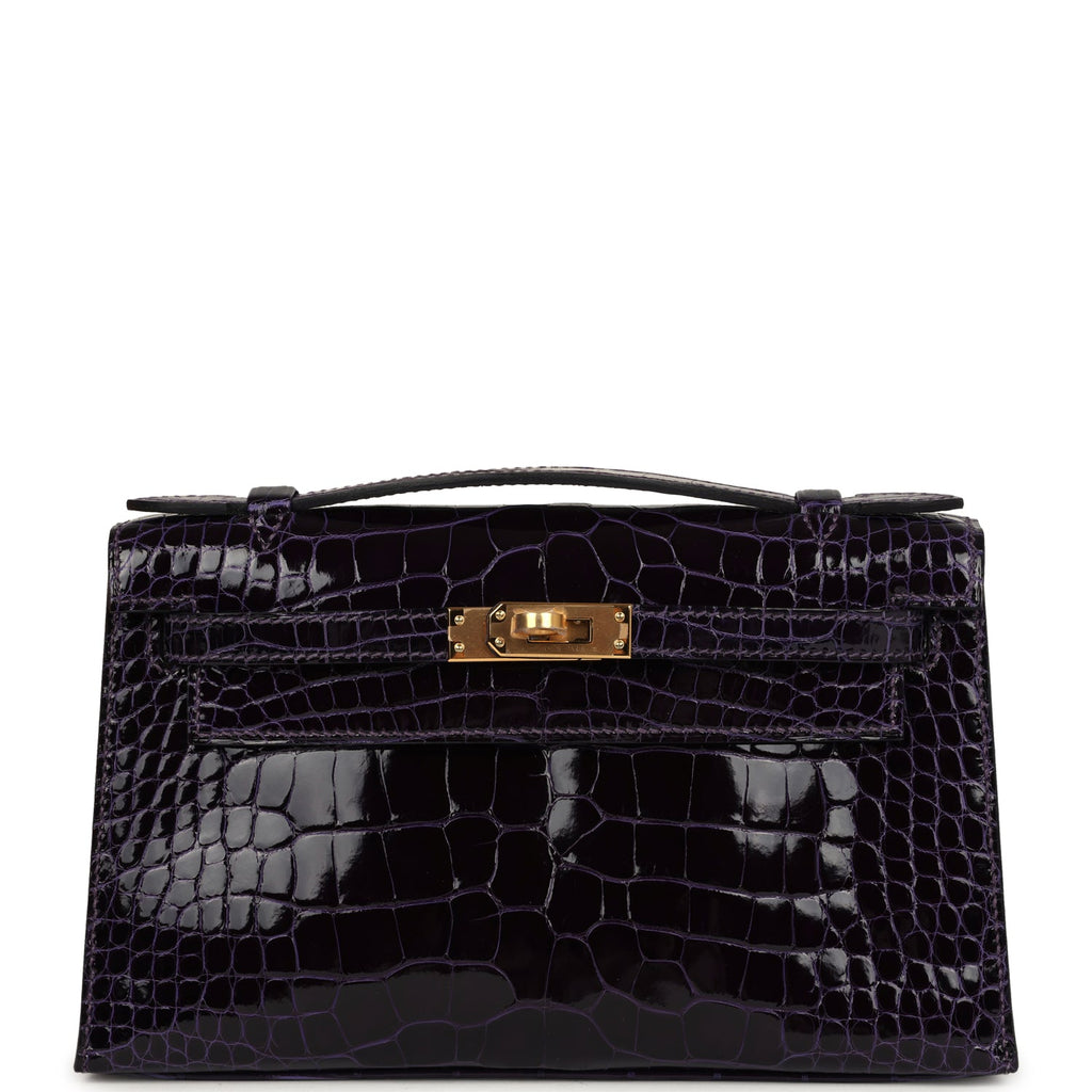 Hermes Kelly Pochette Amethyst Shiny Alligator Gold Hardware - Exclusu