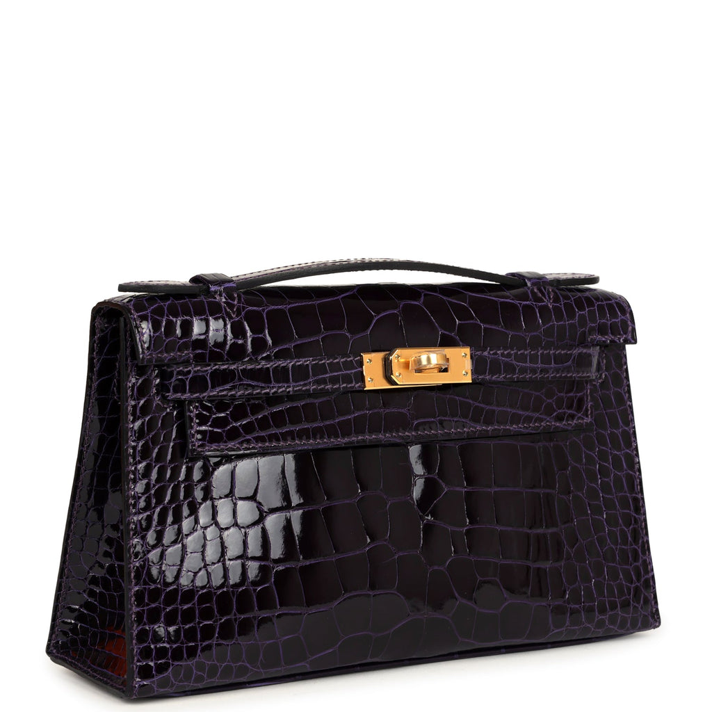 Hermes Kelly Pochette Amethyst Shiny Alligator Gold Hardware - Exclusu