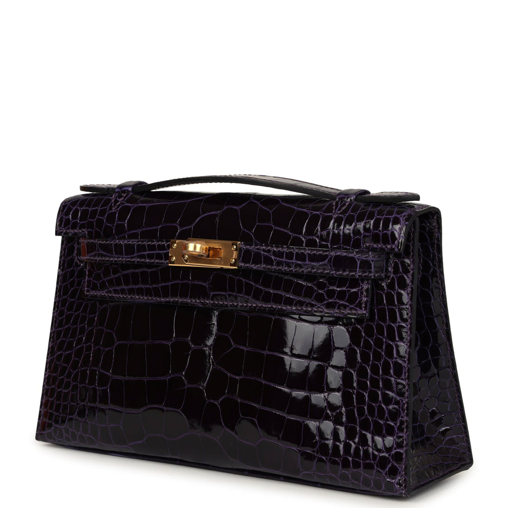 Hermes Kelly Pochette Amethyst Shiny Alligator Gold Hardware - Exclusu