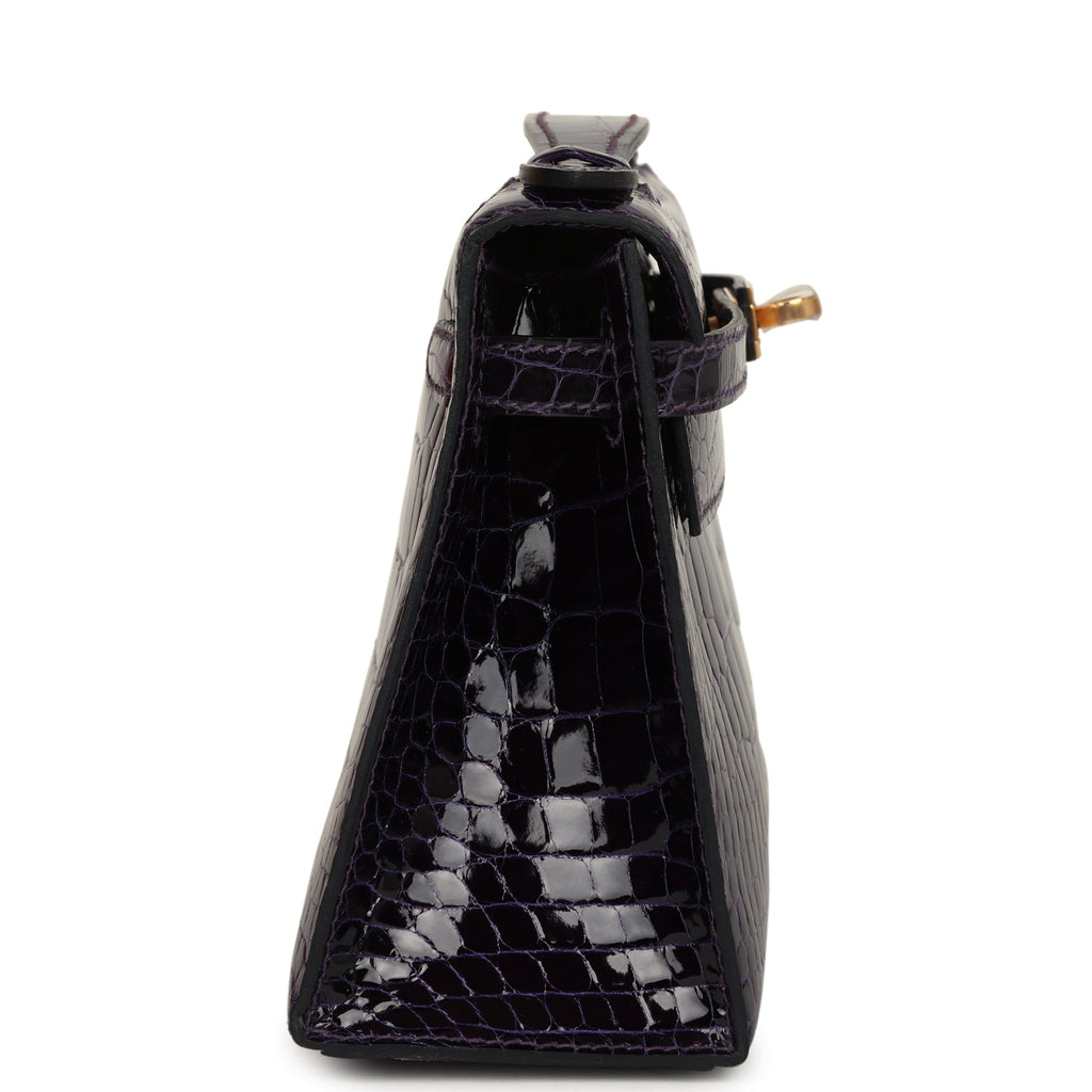 Hermes Kelly Pochette Amethyst Shiny Alligator Gold Hardware - Exclusu