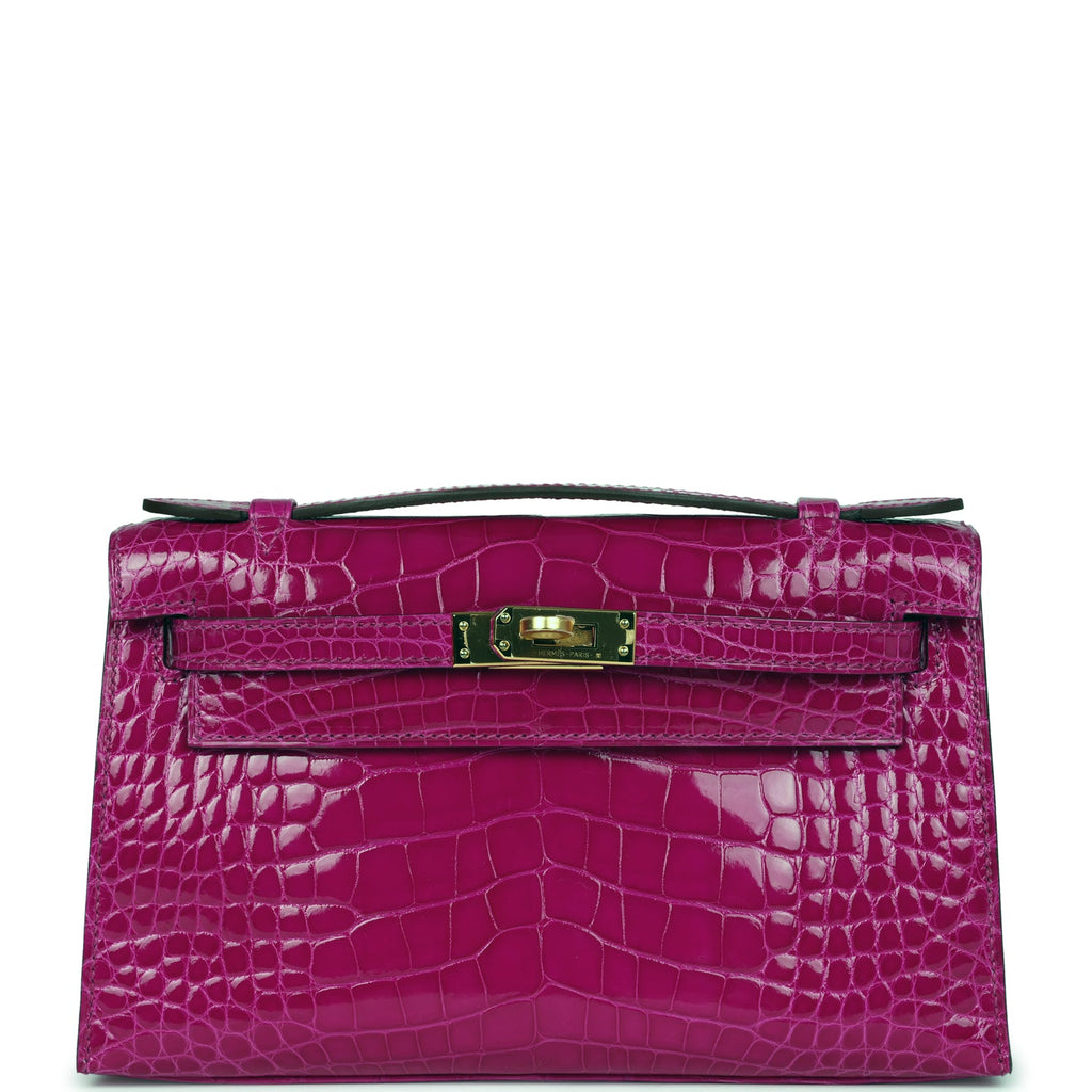 Hermes Kelly Pochette Rose Scheherazade Shiny Alligator Gold Hardware - Exclusu