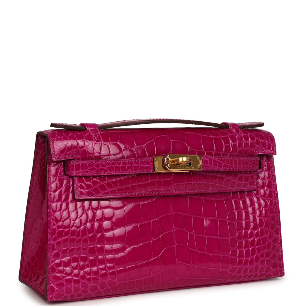 Hermes Kelly Pochette Rose Scheherazade Shiny Alligator Gold Hardware - Exclusu