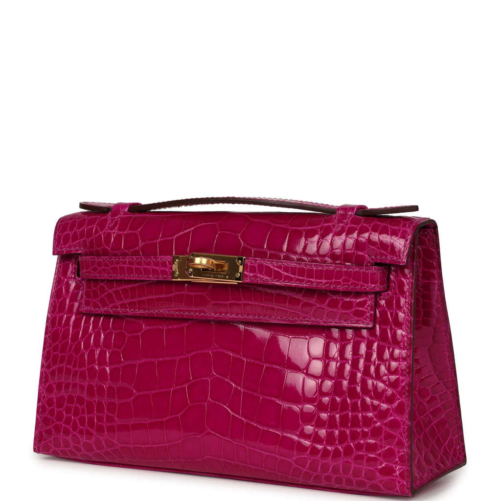 Hermes Kelly Pochette Rose Scheherazade Shiny Alligator Gold Hardware - Exclusu