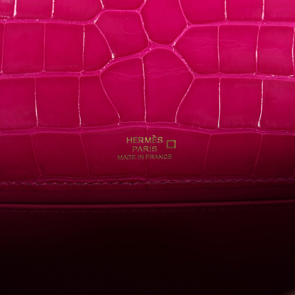 Hermes Kelly Pochette Rose Scheherazade Shiny Alligator Gold Hardware - Exclusu