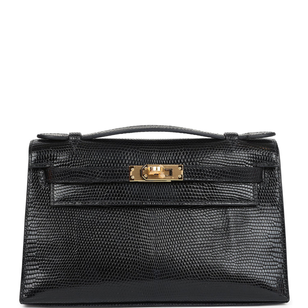 Hermes Kelly Pochette Black Varanus Niloticus Lizard Gold Hardware - Exclusu