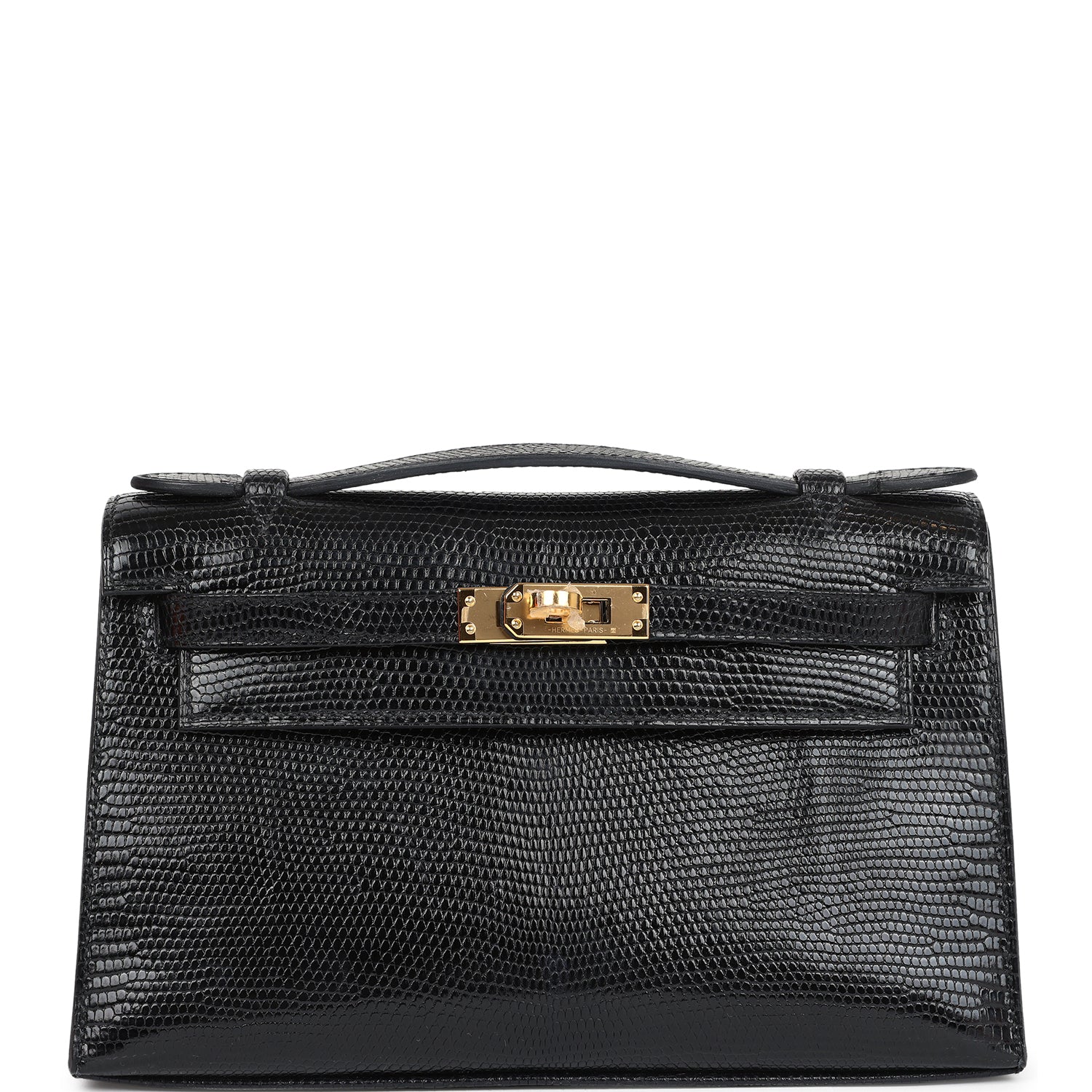 Hermes Kelly Pochette Black Varanus Niloticus Lizard Gold Hardware - Exclusu