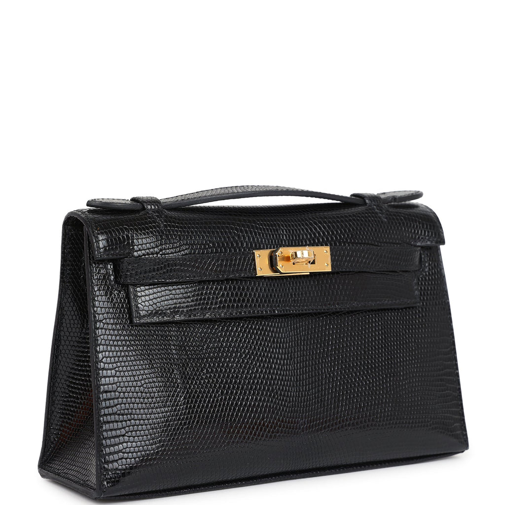 Hermes Kelly Pochette Black Varanus Niloticus Lizard Gold Hardware - Exclusu