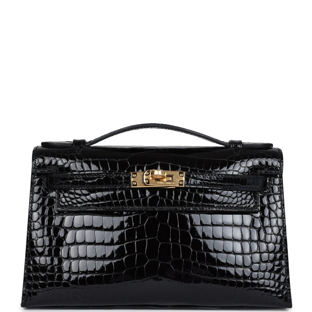 Hermes Kelly Pochette Black Shiny Porosus Crocodile Gold Hardware - Exclusu