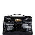 Hermes Kelly Pochette Black Shiny Porosus Crocodile Gold Hardware - Exclusu
