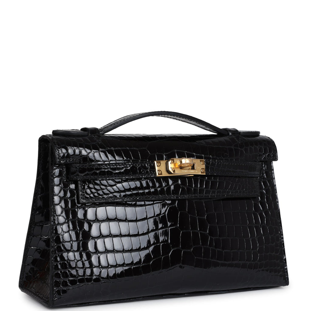 Hermes Kelly Pochette Black Shiny Porosus Crocodile Gold Hardware - Exclusu