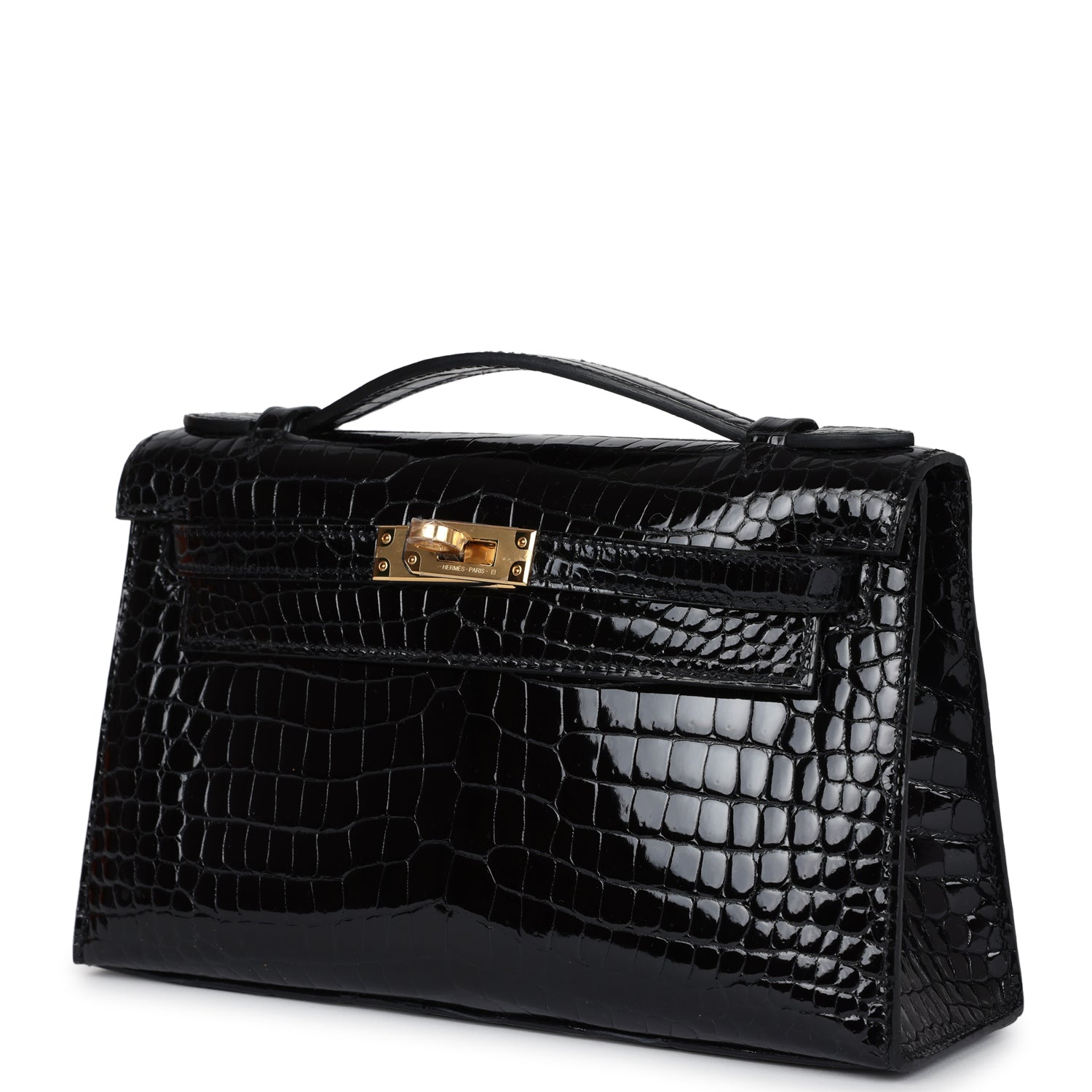Hermes Kelly Pochette Black Shiny Porosus Crocodile Gold Hardware - Exclusu