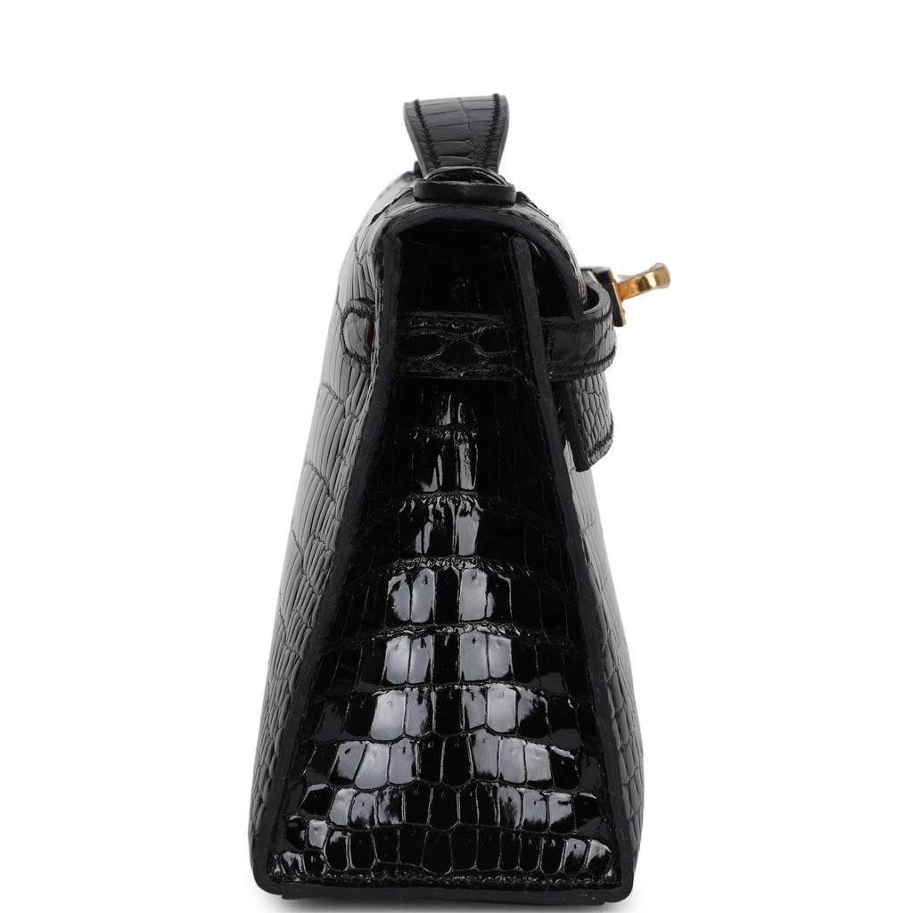 Hermes Kelly Pochette Black Shiny Porosus Crocodile Gold Hardware - Exclusu