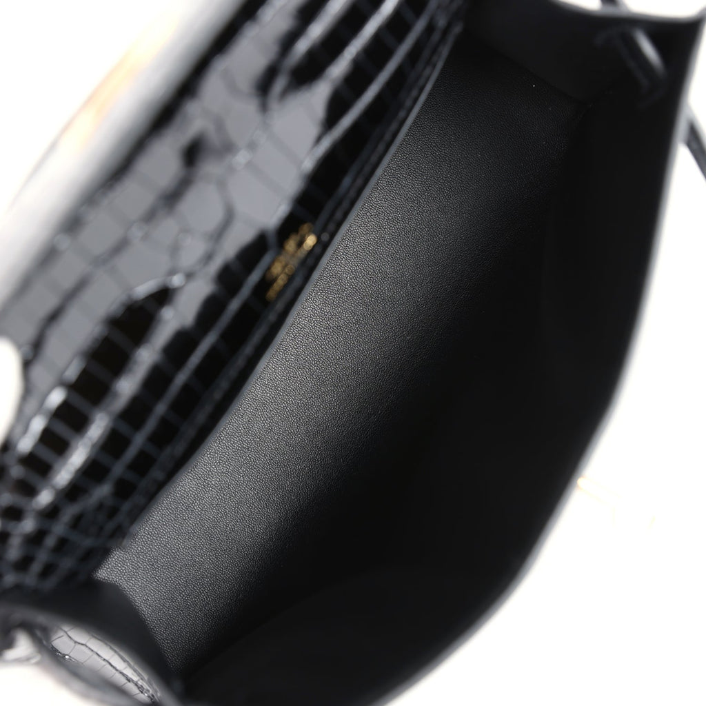 Hermes Kelly Pochette Black Shiny Porosus Crocodile Gold Hardware - Exclusu