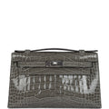 Hermes Kelly Pochette Gris Ciment Shiny Alligator Palladium Hardware - Exclusu