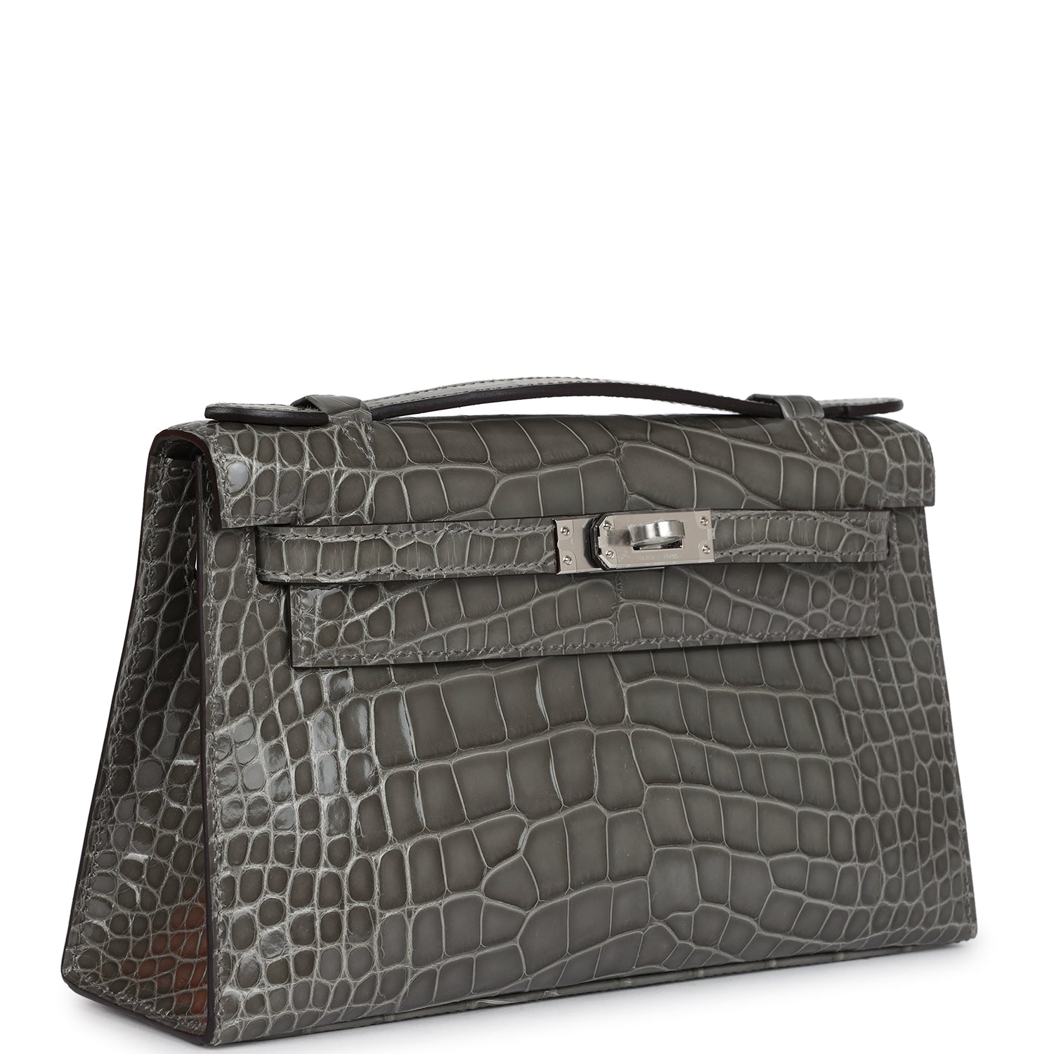 Hermes Kelly Pochette Gris Ciment Shiny Alligator Palladium Hardware - Exclusu