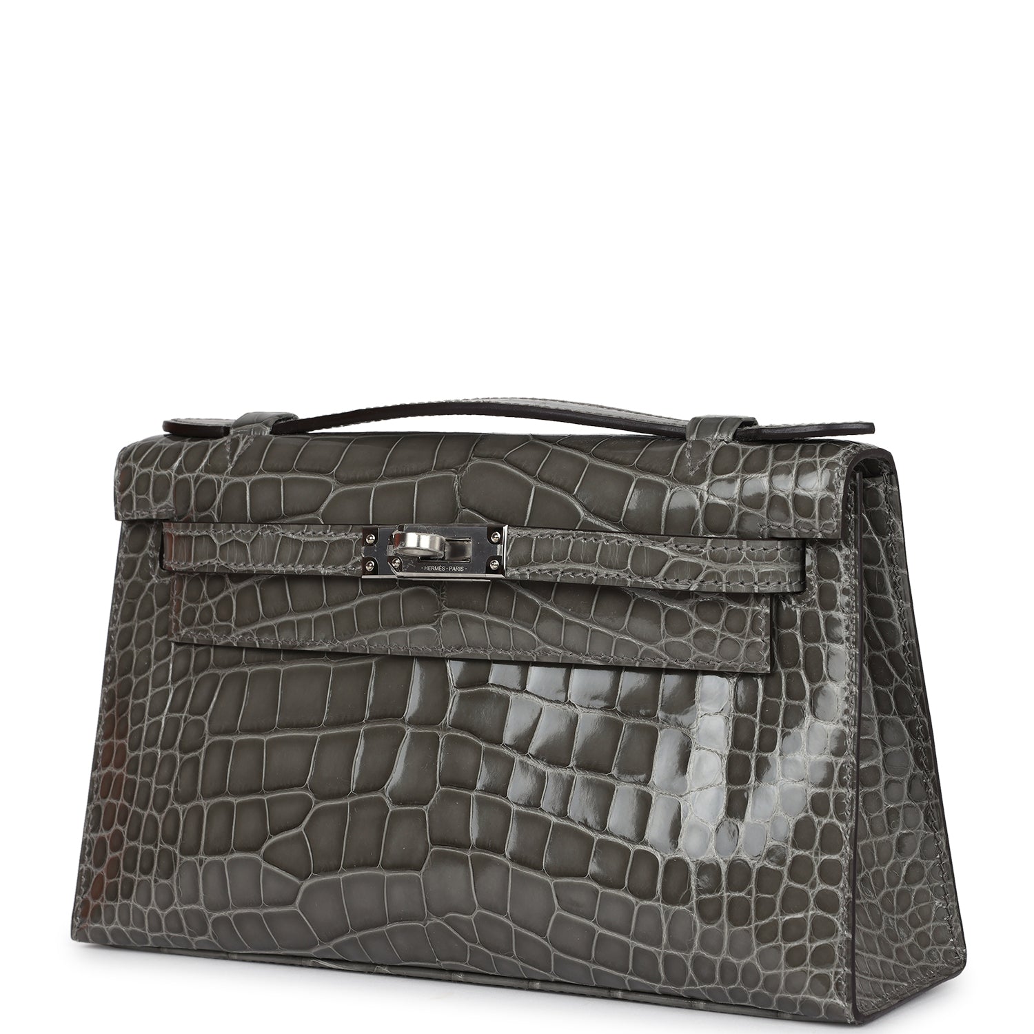 Hermes Kelly Pochette Gris Ciment Shiny Alligator Palladium Hardware - Exclusu