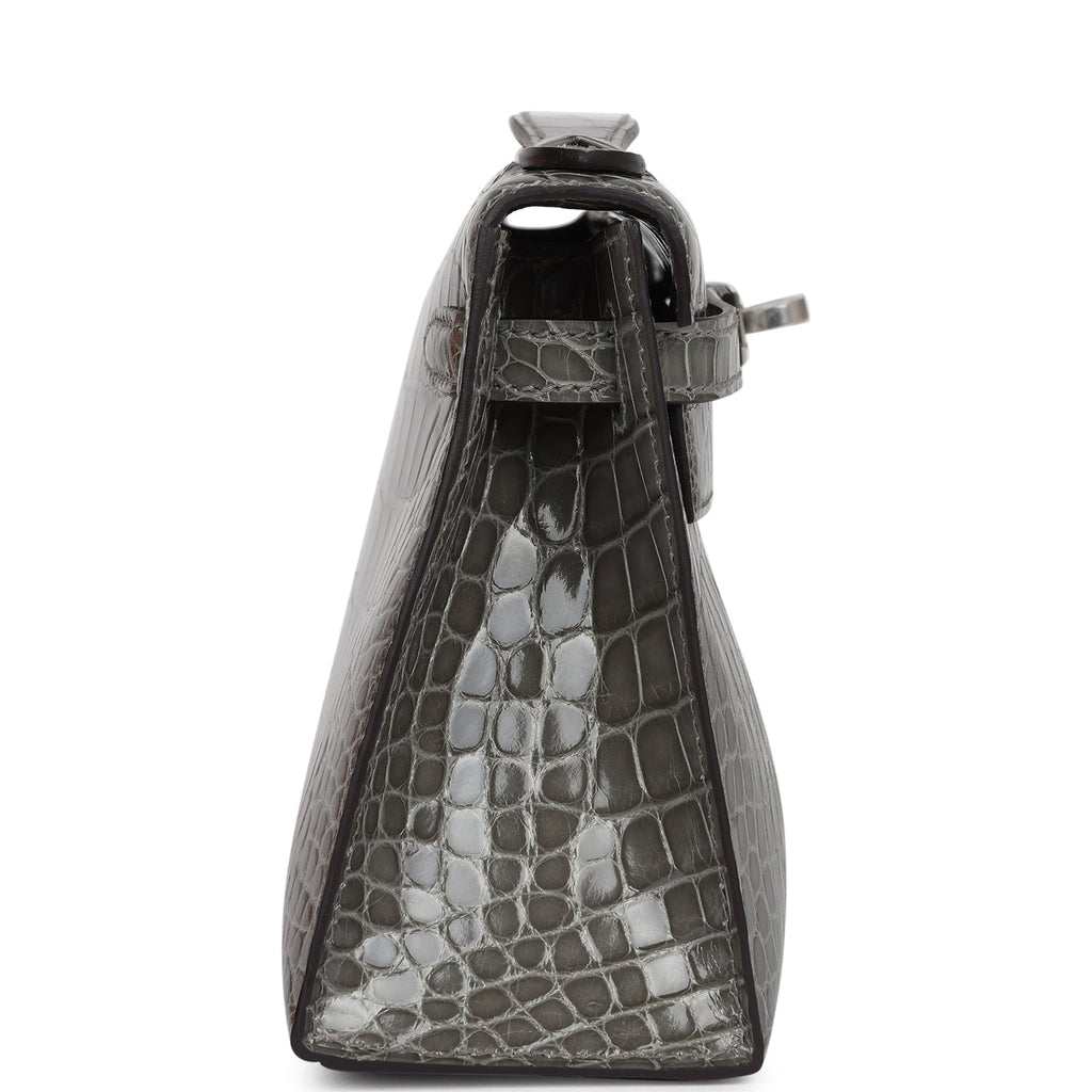 Hermes Kelly Pochette Gris Ciment Shiny Alligator Palladium Hardware - Exclusu