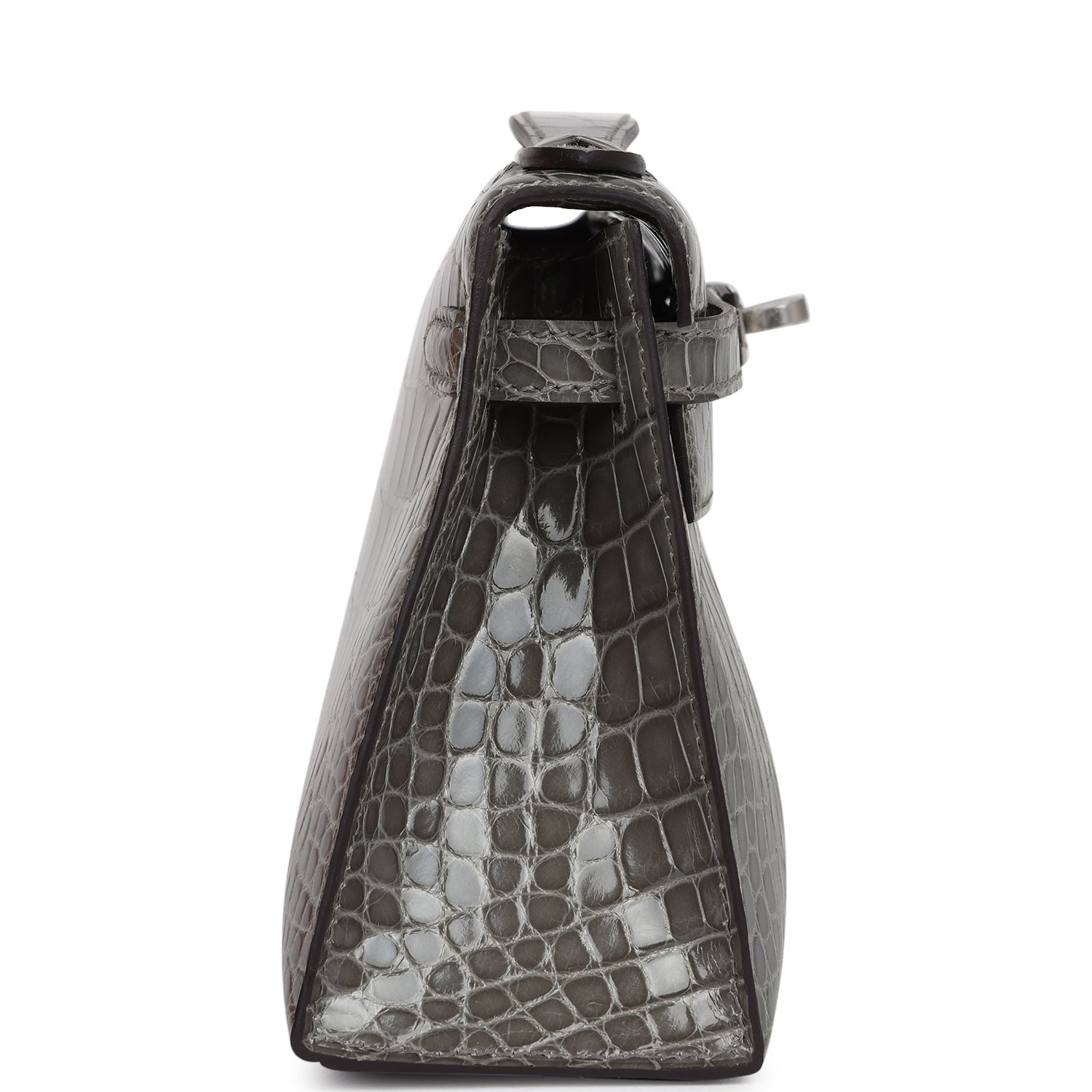 Hermes Kelly Pochette Gris Ciment Shiny Alligator Palladium Hardware - Exclusu
