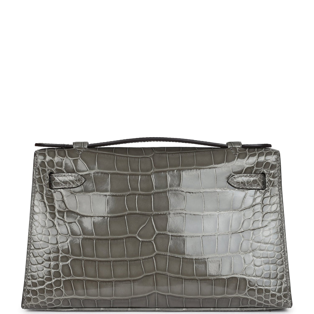 Hermes Kelly Pochette Gris Ciment Shiny Alligator Palladium Hardware - Exclusu