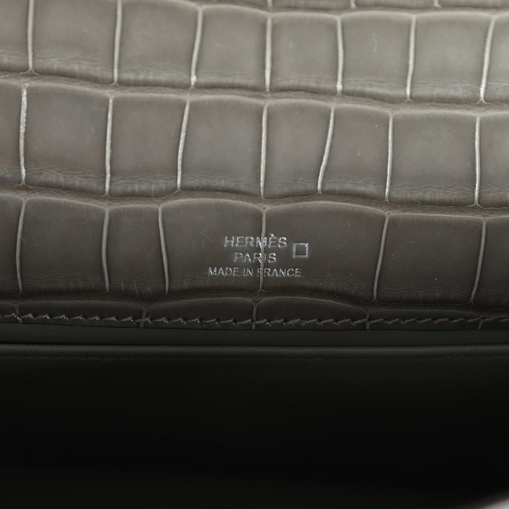 Hermes Kelly Pochette Gris Ciment Shiny Alligator Palladium Hardware - Exclusu