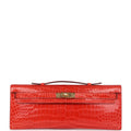 Hermes Kelly Cut Orange Poppy Shiny Porosus Crocodile Gold Hardware - Exclusu