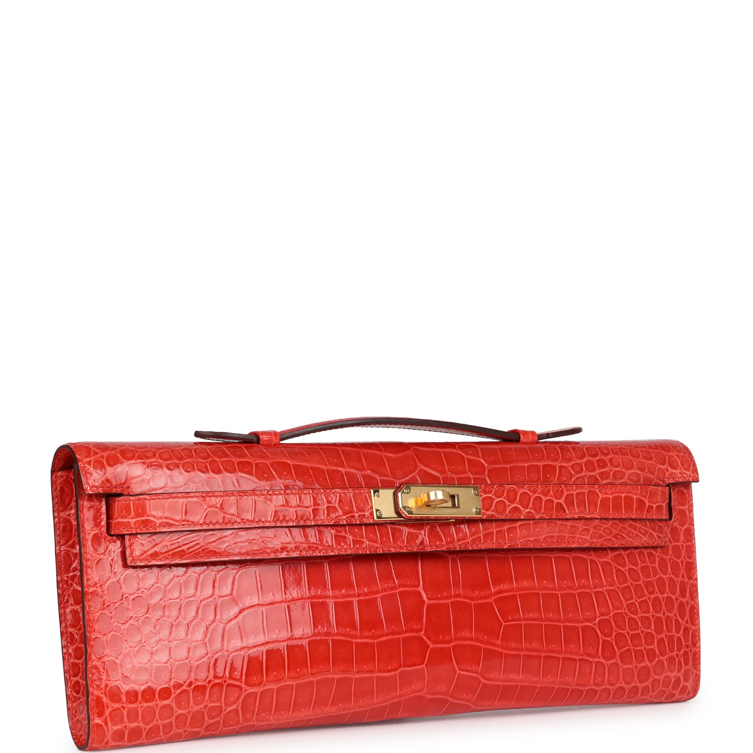 Hermes Kelly Cut Orange Poppy Shiny Porosus Crocodile Gold Hardware - Exclusu