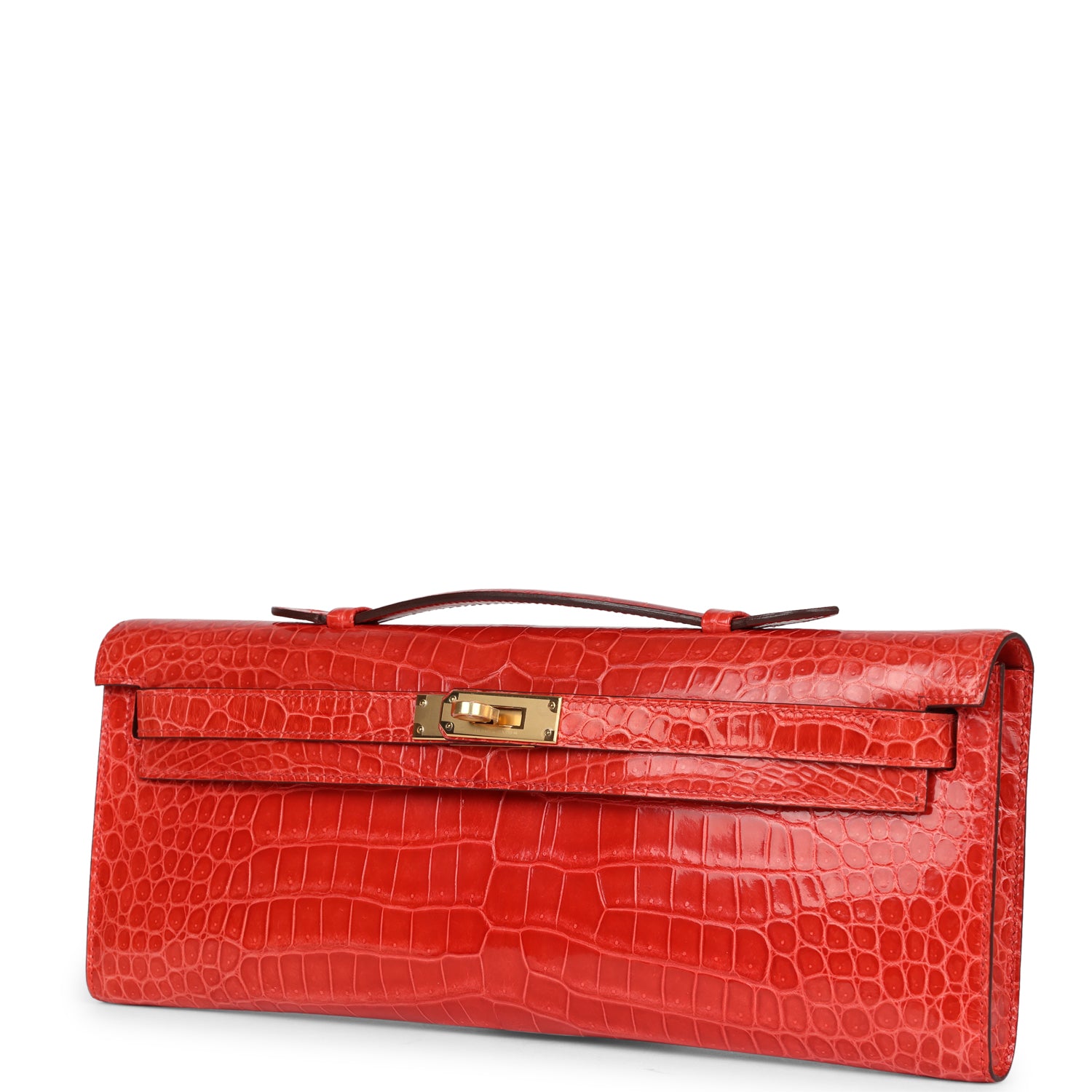 Hermes Kelly Cut Orange Poppy Shiny Porosus Crocodile Gold Hardware - Exclusu