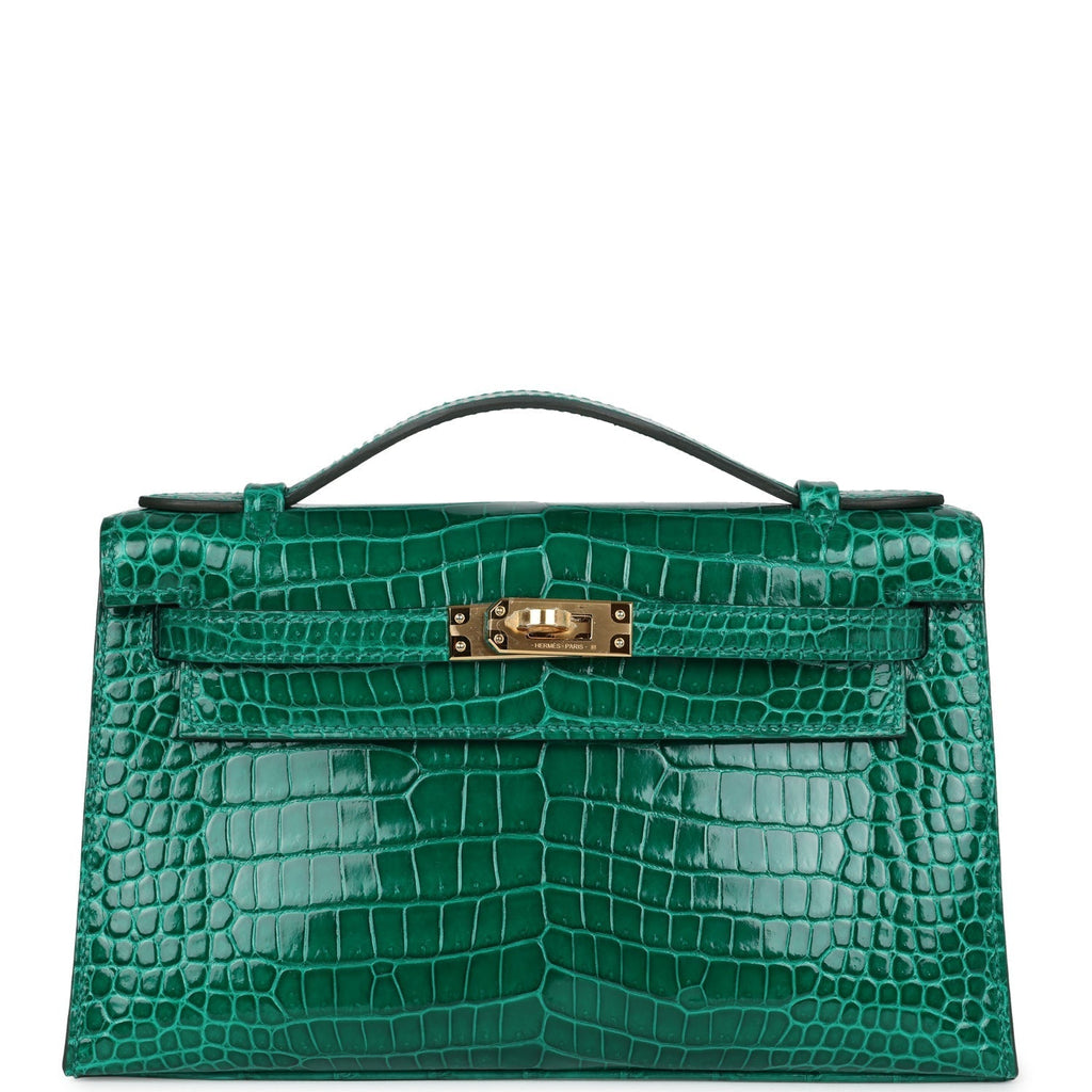 Hermes Kelly Pochette Emerald Shiny Porosus Crocodile Gold Hardware - Exclusu