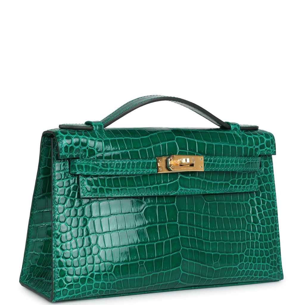 Hermes Kelly Pochette Emerald Shiny Porosus Crocodile Gold Hardware - Exclusu