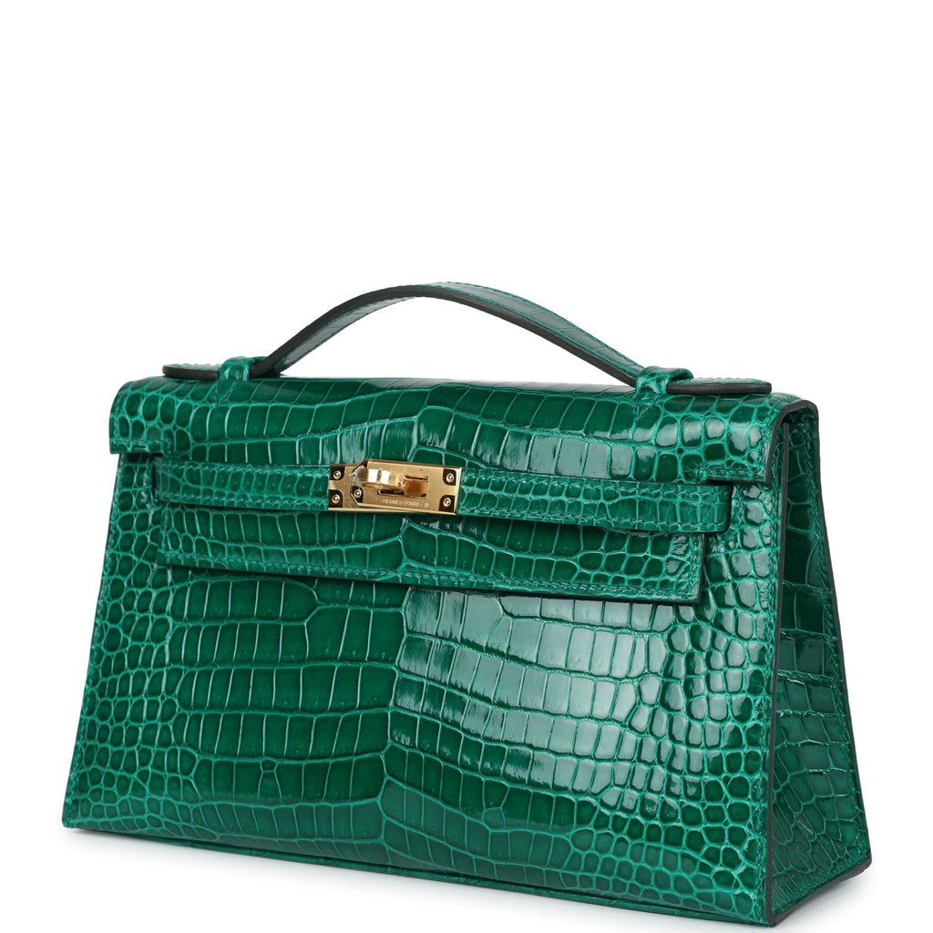 Hermes Kelly Pochette Emerald Shiny Porosus Crocodile Gold Hardware - Exclusu