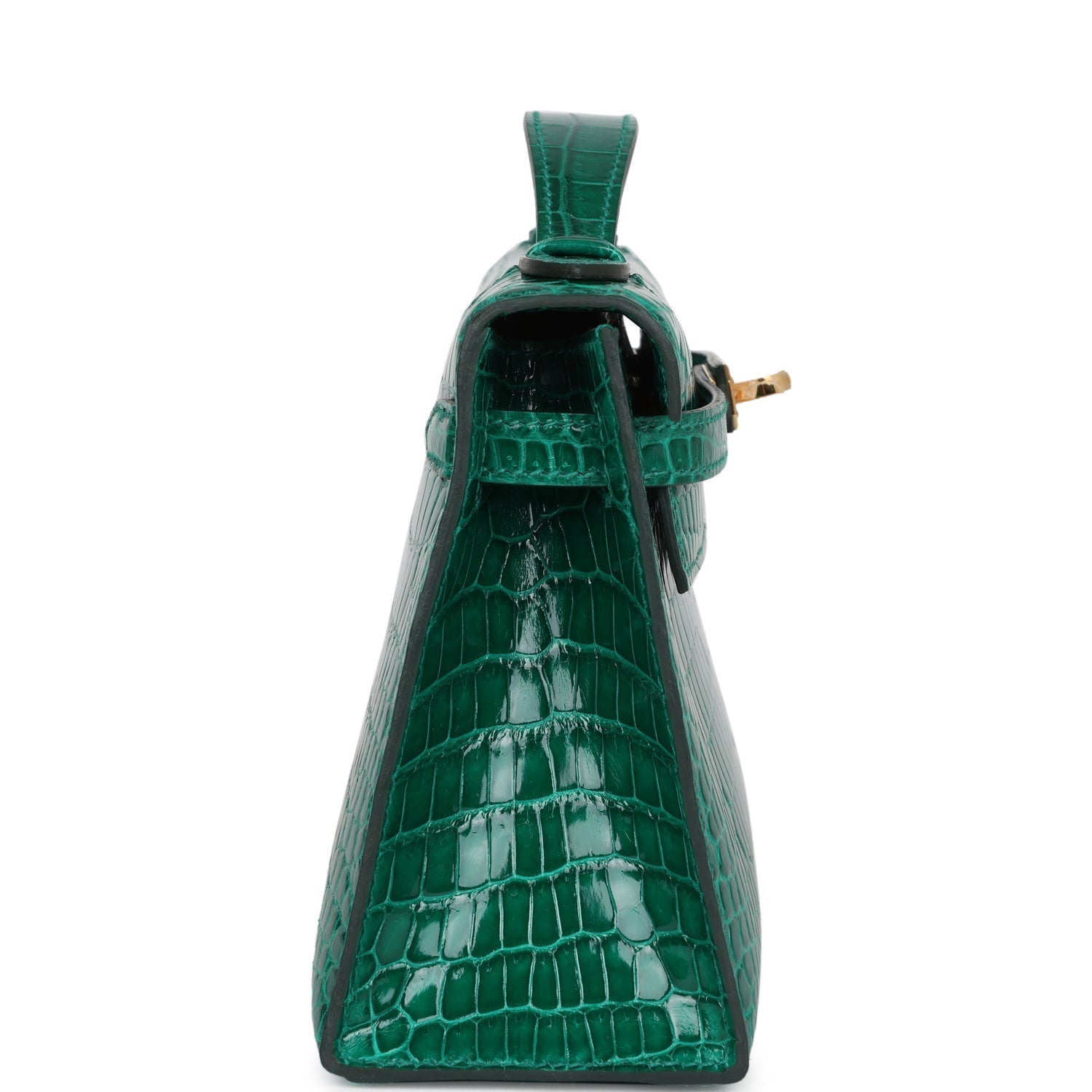 Hermes Kelly Pochette Emerald Shiny Porosus Crocodile Gold Hardware - Exclusu